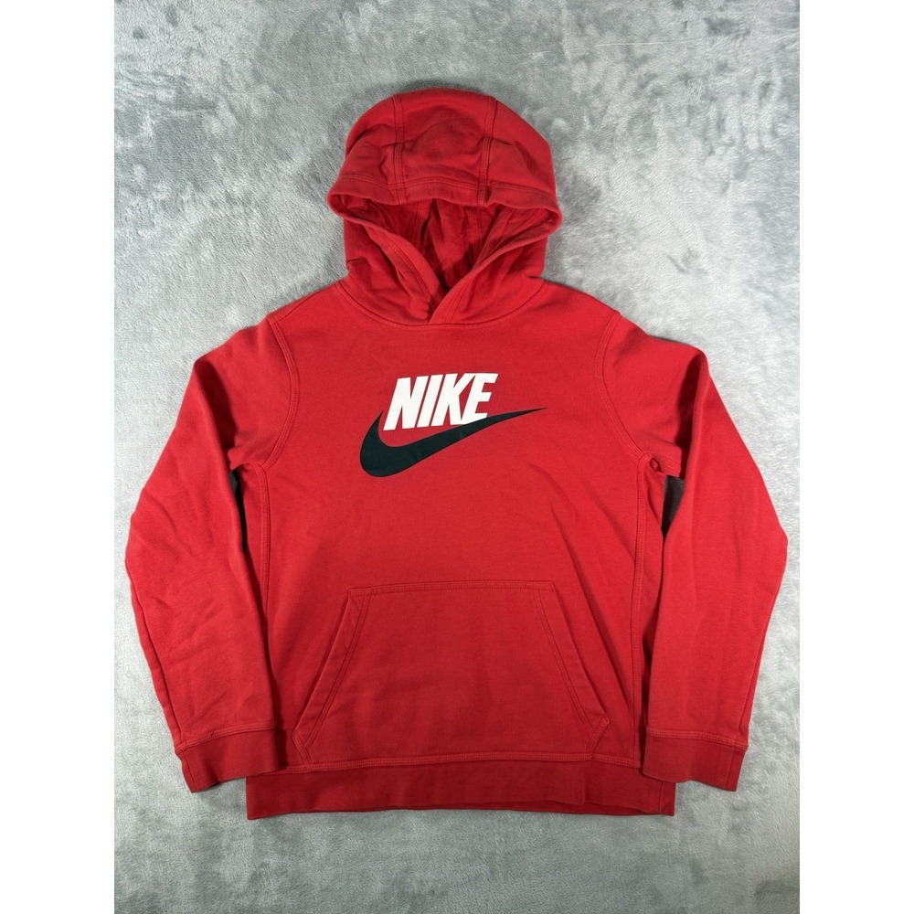 Nike Hoodie Boys XL Red Sportswear Club Fleece Spell Out Big Swoosh Pullover